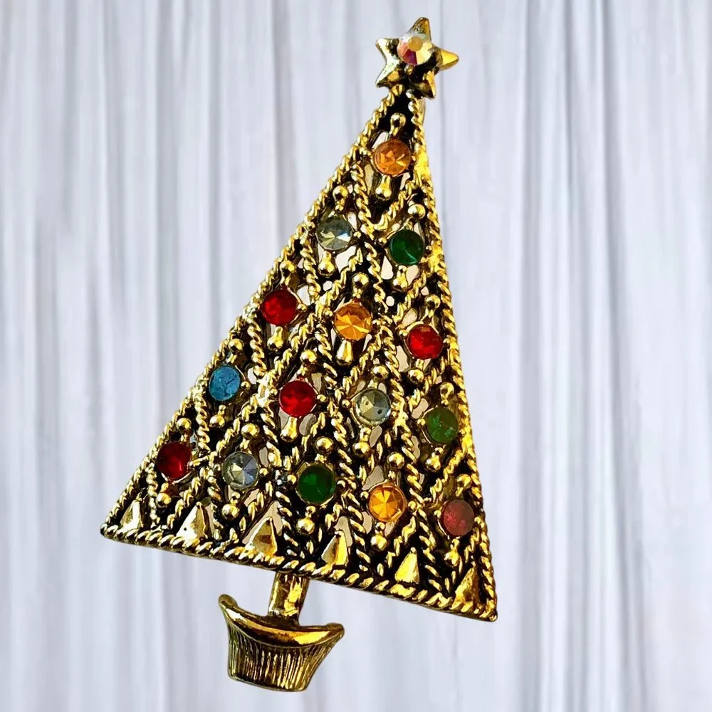 HOLLYCRAFT Vintage Christmas Tree Brooch Pin Multi-Color Rhinestones Signed